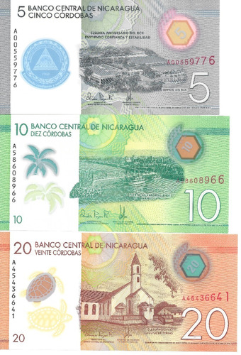 Nicaragua Lote De 3 Billetes De Polímero Del Año 2019 - Unc