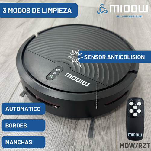 Aspiradora Robot Midow Wifi Smart Trapeador 3 Modos Limpieza Base Recarga Automatica Negro
