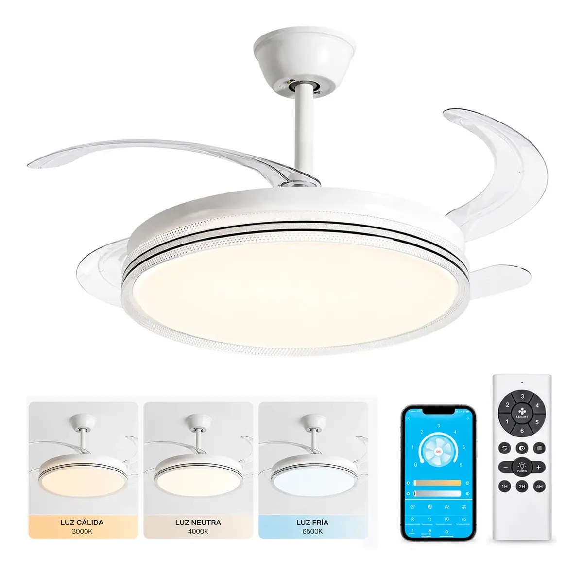 Ventilador de Techo Megaluz F2016-42 con Lámpara LED y Aspas Retráctiles Transparentes