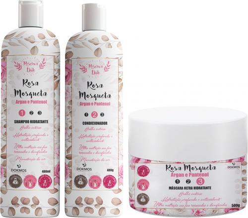 3x Shampoo Condicionador Máscara Rosa Mosqueta Vegano Dokmos