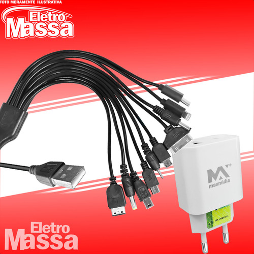 Kit Cabo De Carregamento 10 Em 1 Com Fonte Usb Turbo 3.0