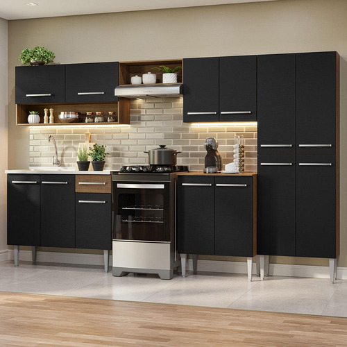 Armário De Cozinha Completa 293cm Com Pia Emilly Madesa 09 Cor Rustic/Preto
