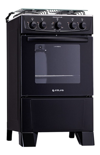 Cocina Atlas Plus4 bocas com tampa de vidro glp color negro con puerta con visor
