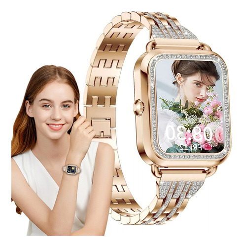 Diamante Smartwatch Mujer Reloj Inteligente Bluetoothllamada Caja Dorado