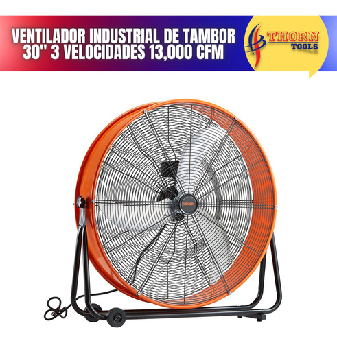 Ventilador Industrial De Tambor 30 3 Velocidades 13,000 Cfm Estructura Naranja Aspas Plateado Diámetro 76 cm Frecuencia 50Hz/60Hz Material de las aspas Acero