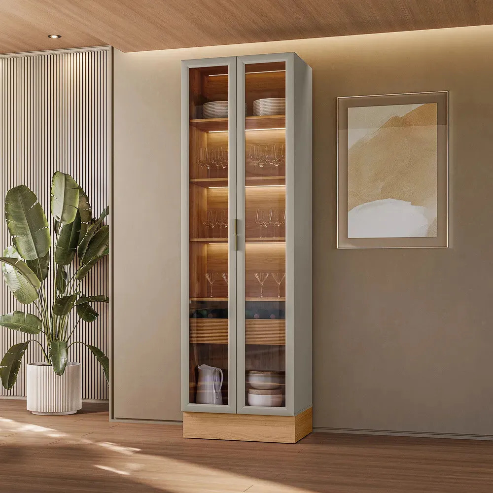 Cristaleira 2 Porta Com Led E Rodapé Allure Linea Brasil Jequitiba/gris Fosco