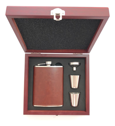 Set Cantimplora Cuero Licorera Whiskera + Estuche Madera