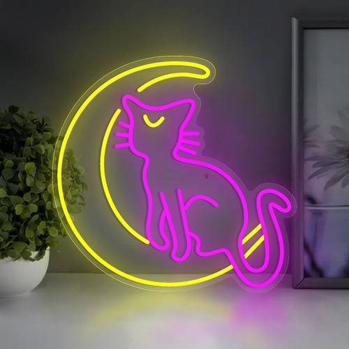 Letrero Led Con Luz De Neón Con Forma De Luna Y Gato, Diseño