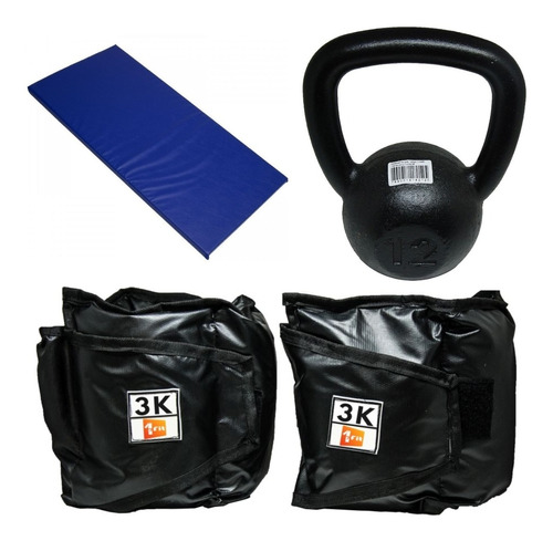 Kit Colchonete Azul+caneleira 3kg+kettlebell Pintado 12kg