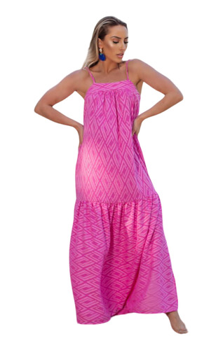 Vestido Longo Amplo Rosa Pink Alça Largo Simples Basico Boho