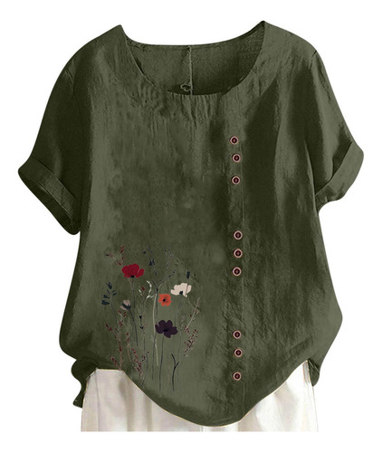Una Blusa Casual Y De Lino Estampada Con Cuello Redondo Y Ma