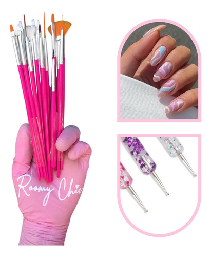 15 Pinceles Para Mano Alzada + Punteros Decoracion De Uñas