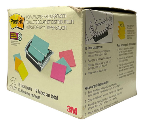 Dispensador Notas Adhesivas 3m Post It 3x3 + 12x Pads Neon Color Dispensador + 12 Pads Colores Mixtos