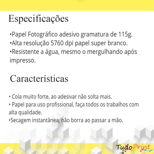 Papel Fotográfico Adesivo 115g Prova Dágua 60 Folhas Brinde