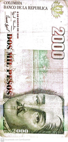 Billete Antiguo 2000 Pesos Colombianos Año 1998