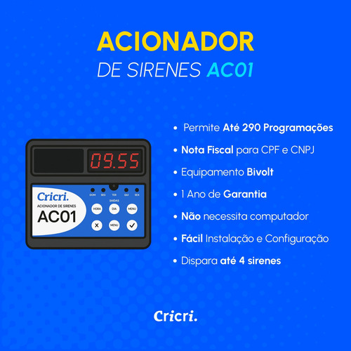 Sirene Escolar Com Acionador Automático Cricri 290 Programações Bivolt Com 4 Sirenes - Sinal De Escola Relógio Escolar Acionador De Sirene Programável