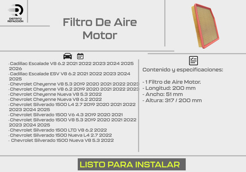 Filtro De Aire Silverado 1500 V6 4.3 2019 2020 2021