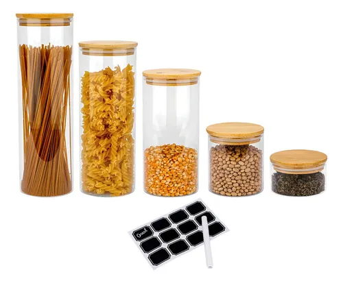 Kit 5 Potes Herméticos de Vidro Biscuitt Orbb com Tampa de Bambu 5.3L