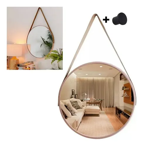 Espelho De Parede Decorativo Redondo 33cm Alça E Suporte Cor da moldura ...