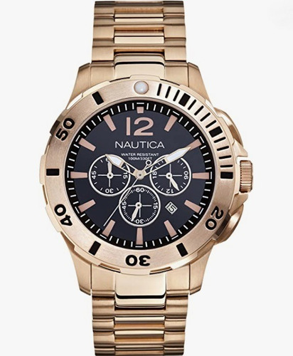 Relogio Pulso Nautica N27524g Dive Style Chrono Black Dial Cor da correia AÇO INOX DOURADO Cor do bisel AÇO INOX DOURADO INDICAÇÃO DE MINUTOS EM PRETO Cor do fundo Preto