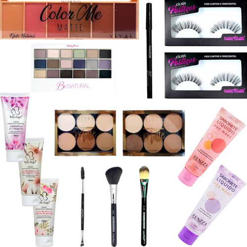 Imagem 2 de 10 de Combo Kit Maquiagem Blush Pincel Sombra Cílios Delineador