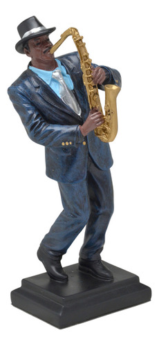 Escultura Musico Saxofonista Decor Em Resina Azul E Preto