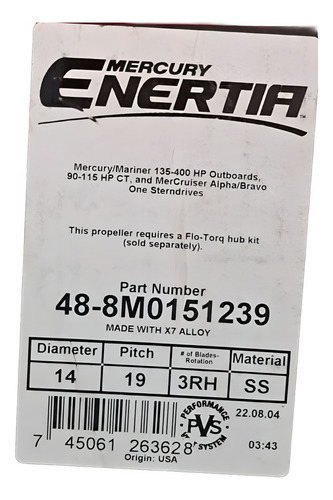 Hélice Enertia Inox 14x19 Mercury Original Cod 8m0151239