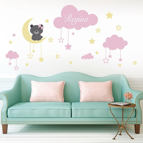 Vinilo Decorativo Oso, Nubes, Estrellas Rosa Incluye Nombre Sí