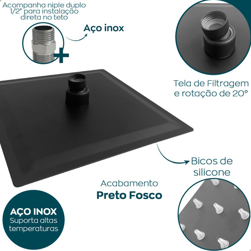 Ducha A Gas Preta 30x30 Quadrada De Teto Chuveiro Inox Preto Acabamento Fosco