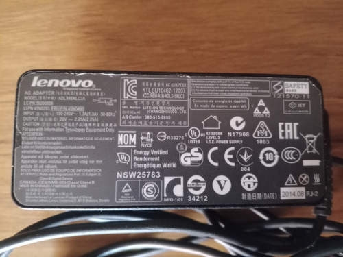 Cargador Notebook Lenovo 20v 2.25a Mod. Adlx45nlc3a Negro (Usado)