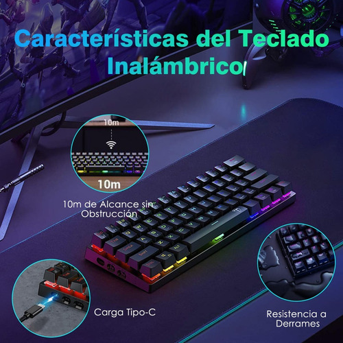 Imagen 7 de 7 de Teclado Mecanico Inalambrico 60% Bluethooth Recargable, Rgb