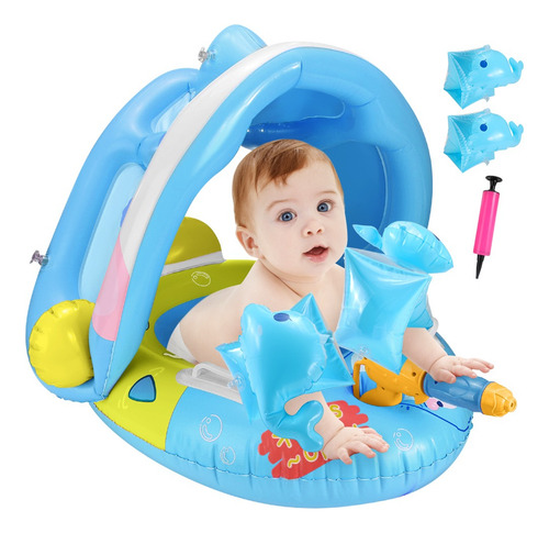 Flotador Salvavida Bebé Flotador de Piscina Niños Inflables Anillo De Natación Bandas del Brazo Inflables Pistola De Agua UPF50+ Toldo Solar Bomba Manual Juguete para Playa