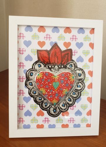 Corazón Mexicano Hecho A Mano En Aluminio, Con Marco Blanco