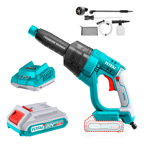 Hidrolavadora Inalámbrica Total 20v, 24.8bar, 360psi - Caudal 2.2l/min - Sistema Autostop - Con 1 Batería 2.0Ah, Cargador, Manguera 6 Metros Y Recipiente Para Jabón