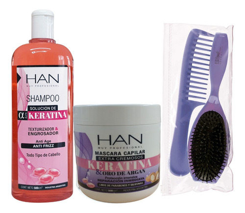 Han Shampoo + Mascara Keratina Fortalecedor +kit Peines