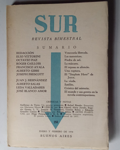 Sur - Revista Bimestral - N° 250 Enero Y Febrero De 1958