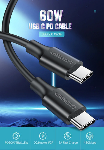 Cabo macho tipo C 2.0 A USB-C 2.0 3a 60w 1mt Ugreen 50997 Cor preta