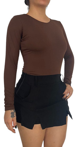 Blusa Body Escote Alto Manga Larga En Licra