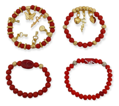 Kit Com 4 Pulseiras Iansa Vermelha Cristal E Silicone