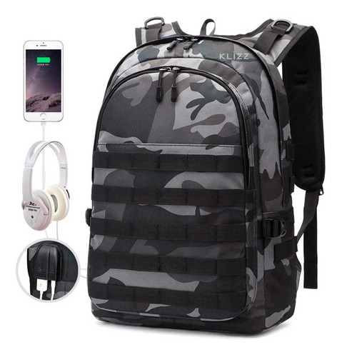 Mochila USB Pubg Level 3 grande camuflada para portátil P2, color negro/gris, diseño de tela lisa