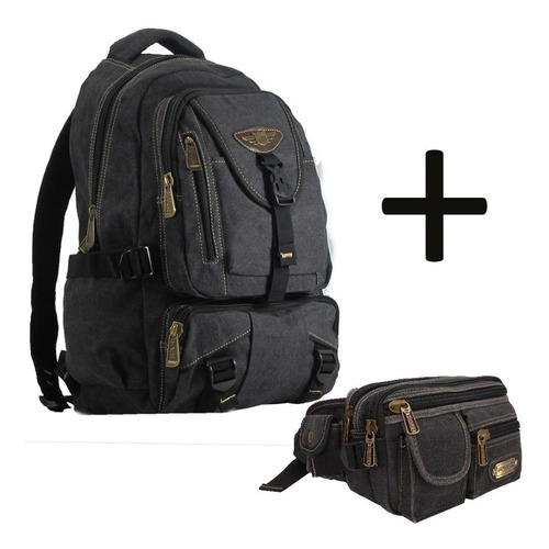 Mochila + Pochete Lona Masculina Feminina Notebook Reforçada