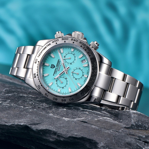 Pagani Design Reloj Hombres Cuarzo Luminoso Impermeable Correa Plateado Bisel Plateado Fondo Skyblue