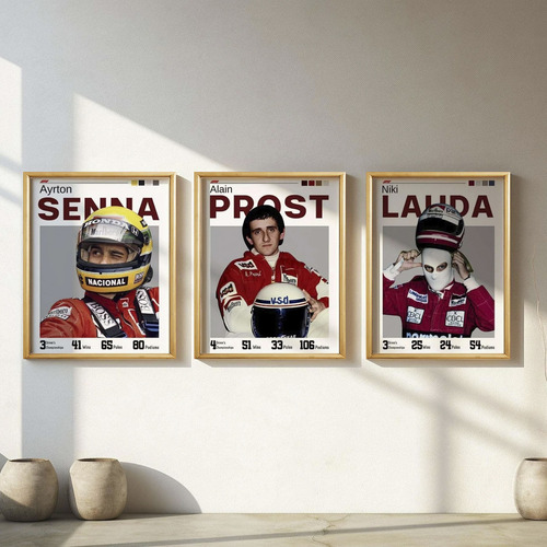 Set 3 Cuadros Formula 1 Senna Lauda Prost Marcos Madera