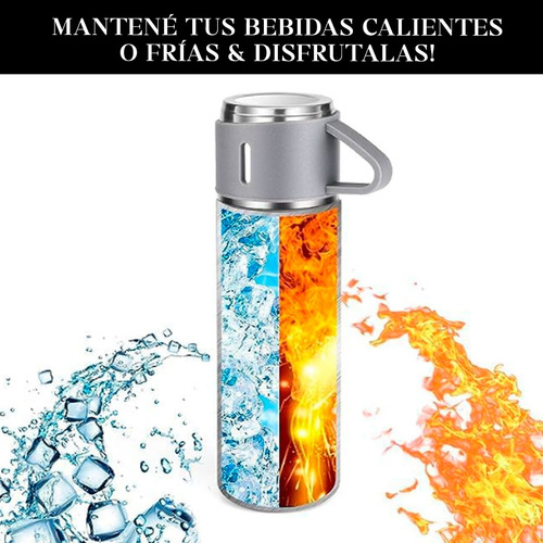 Termo Bebidas Frias Y Calientes En Acero Inoxidable+ 3 Tazas Gris