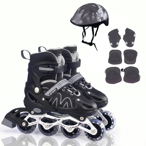 Patins Infantil Ajustável 4 Rodas Inline Roller Kit Proteção M Preto