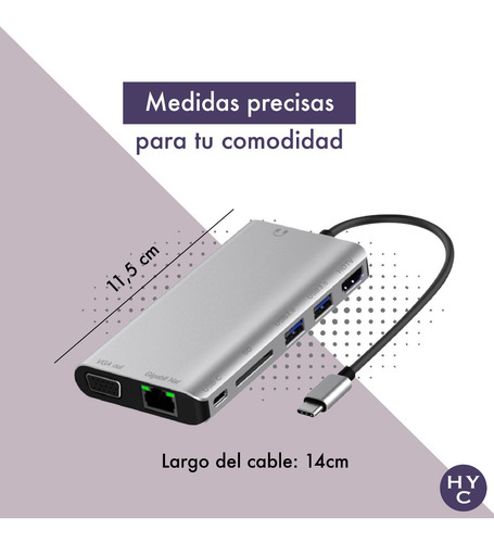 Imagen 3 de 10 de Hub Usb C Multipuerto 8 En 1 Hdmi Vga Audio Sd Usb 3.0 C Red