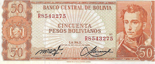 #b44 Bolivia 50 Pesos Bolivianos 1962 Xf