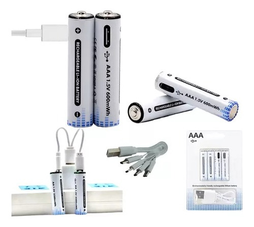 Pack 4 Pilas Aaa Recargables - Puerto Tipo-c + Cable Usb A 4