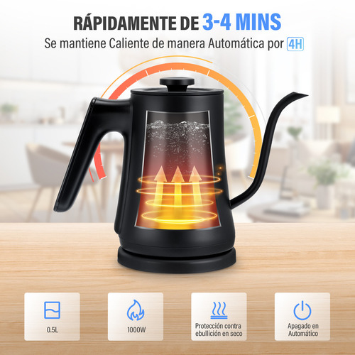 Tetera Hervidora Eléctrica de Acero Inoxidable con Cuello de Cisne,1000W Temporizador y Control de Temperatura,Jarra Portátil para Café, Té y Agua Hirviendo,Calentamiento Rápido y Auto Apagado