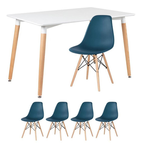 Kit Mesa Jantar Eames Retangular 120 X 80 Cm 4 Cadeiras Dsw Cor da tampa Mesa branco com cadeiras azul petróleo